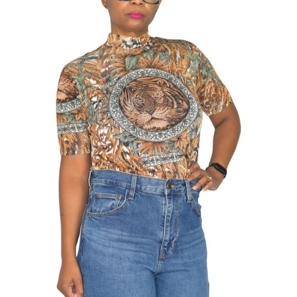 Vintage Lion Portrait Shirt Brown Baroque Jungle Top Shimmer Sheer Knit Small - Picture 11 of 15